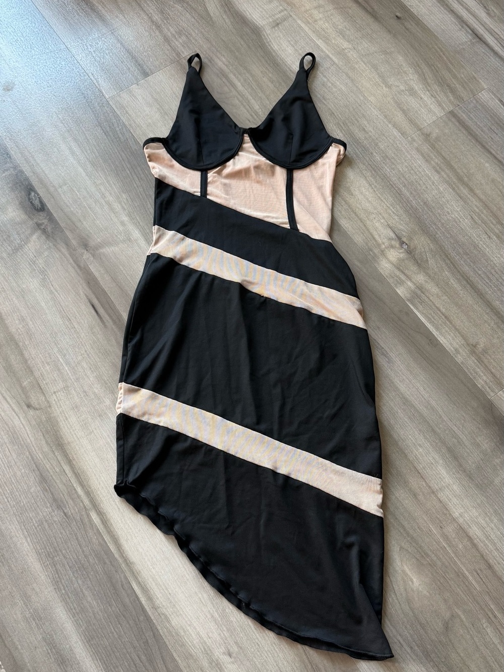 Black and Nude Asymmetrical Strappy Bodycon Dress